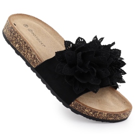 Slippers pour femmes avec des fleurs noire Potocki Gn17301 le noir