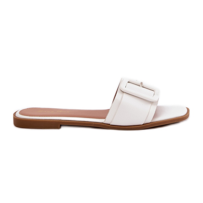 Slippers pour femmes en cuir écologique plat avec boucle blanche