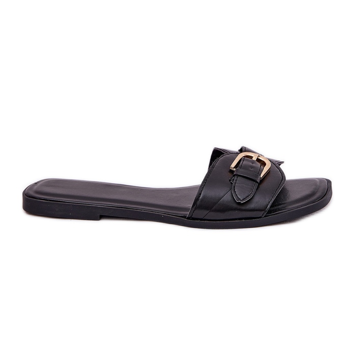 Les tongs plats des femmes avec une pince dorée noire le noir