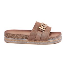 Slippers pour femmes avec un détail doré sur la plate-forme avec des paillettes kaki beige