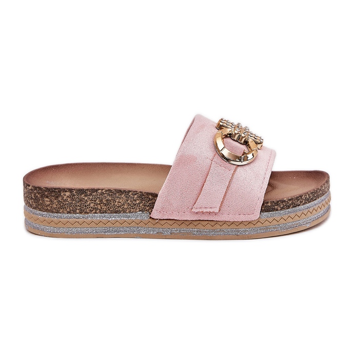 Les tongs pour femmes sur la plate-forme avec des paillettes et une décoration dorée rose