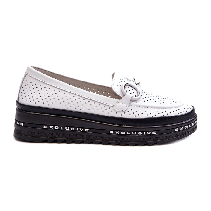 S.Barski Locons pour femmes en cuir OpenWork sur la plate-forme avec un ornement de S. Barski LR750 White blanche