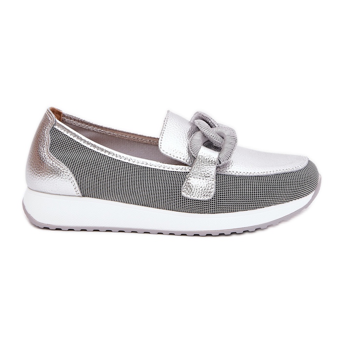 S.Barski Mocassins en cuir féminin avec un ornement LR51-966 Silver argent