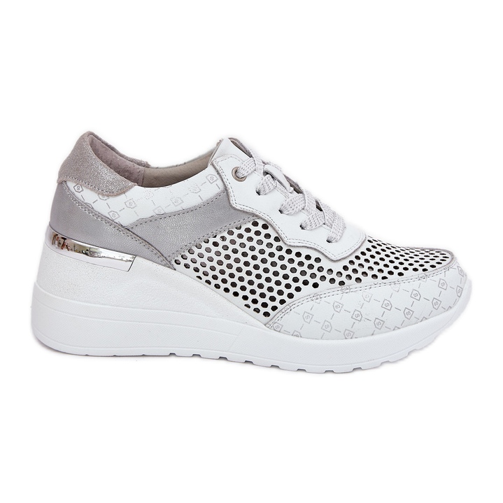 Cuir OpenWork Sports Shoes Sneakers on Wedge S.Barski LR51-641 blanc blanche