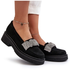 Zazoo 3419 Mocasins féminins en daim avec une sangle de ceinture décorative Black noir