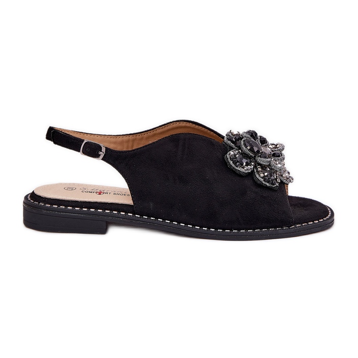 S.Barski Sandales féminines à talons plates avec un ornement S. Barski KV27-001 noir le noir