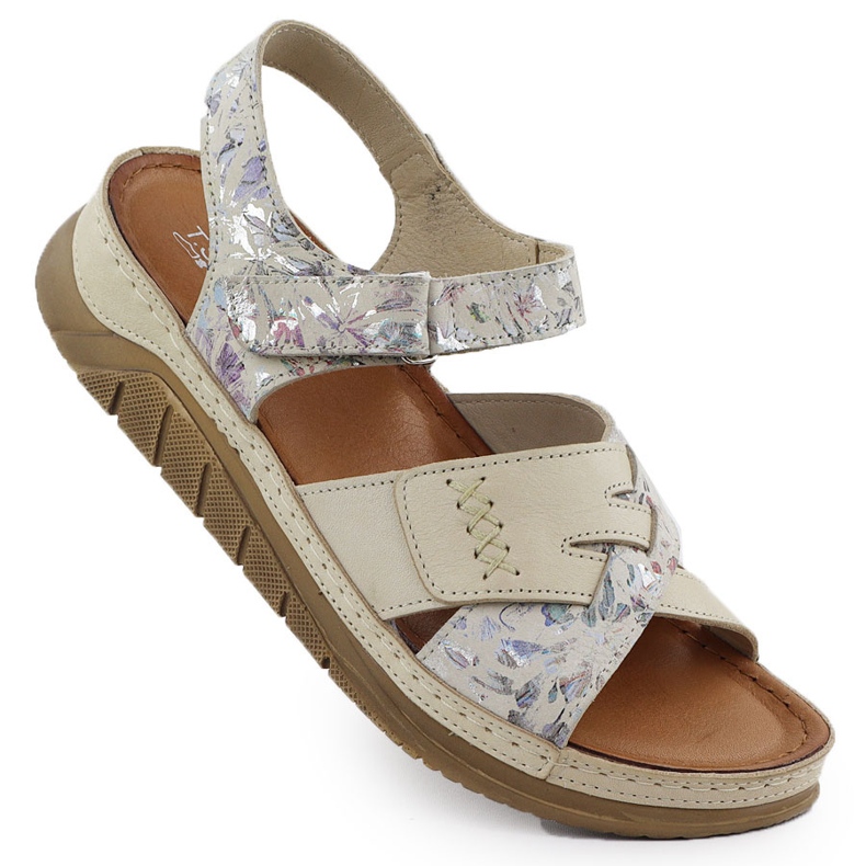 Sandales velcro confortables en cuir avec des fleurs beiges t.sokolski L25-173 Sandales velcro confortables en cuir avec des fleurs beiges t.sokolski L25-173