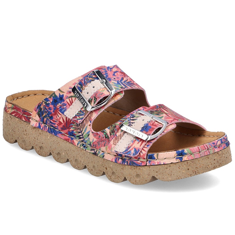 Slippers pour femmes sur la plate-forme avec des boucles roses Rieker V8751-90 Slippers pour femmes sur la plate-forme avec des boucles roses Rieker V8751-90