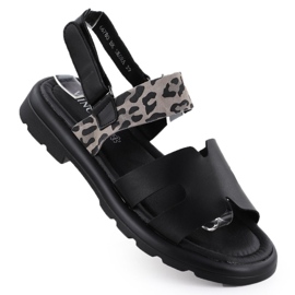 Sandales en cuir pour femmes avec imprimé léopard Vinceza 66780 le noir