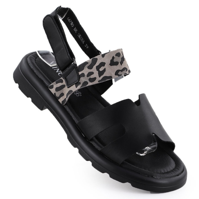 Sandales en cuir pour femmes avec imprimé léopard Vinceza 66780 le noir