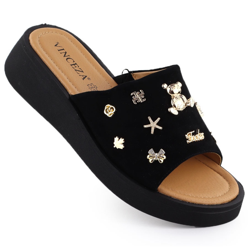 Cales en cuir féminin avec décorations noire Vinceza 66741 le noir