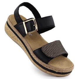 Sandales en cuir féminine sur cale Velcro Rieker V0951 noir