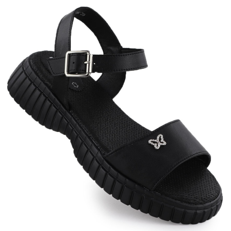 Sandales en cuir pour femmes sur une semelle épaisse avec un papillon noir Filippo DS6811 le noir