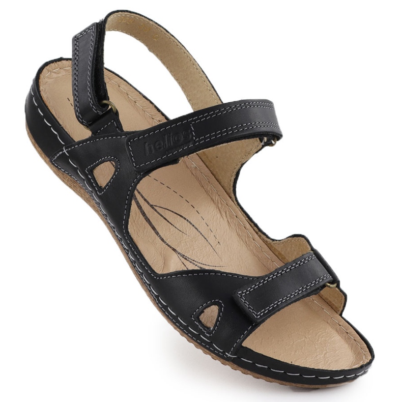 Sandales confortables pour femmes en cuir pour Velcro Black Helios 205-011 le noir