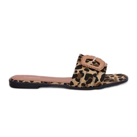 Inna Les tongs plats des femmes avec une boucle de léopard décorative brun