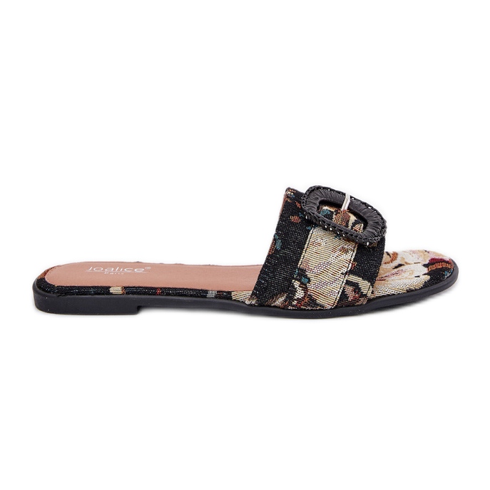 Inna Les tongs des femmes plates avec une boucle noire décorative Inna Les tongs des femmes plates avec une boucle noire décorative