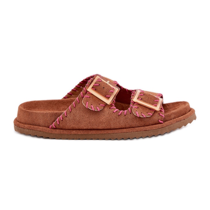 Inna Les tongs pour femmes avec des boucles et du chameau décoratif brun