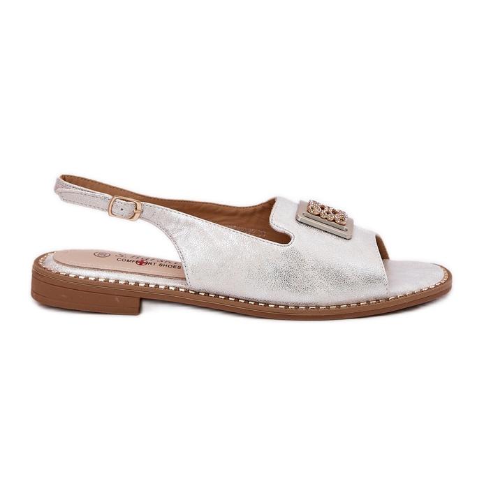 S.Barski Sandales féminines à talons plats élégants avec un ornement de S. Barski KV51-082 Silver argent
