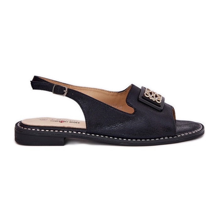 S.Barski Sandales plates élégantes pour femmes avec un ornement de S. Barski KV51-082 noir le noir