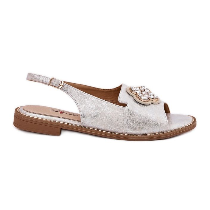 S.Barski Sandales féminines à talons plats avec un détail décoratif S. Barski KV51-080 Silver argent S.Barski Sandales féminines à talons plats avec un détail décoratif S. Barski KV51-080 Silver argent