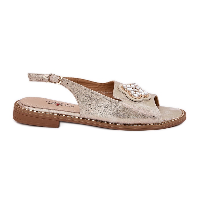 S.Barski Sandales pour femmes à talons plates avec un détail décoratif S. Barski KV51-080 PLN d'or S.Barski Sandales pour femmes à talons plates avec un détail décoratif S. Barski KV51-080 PLN d'or