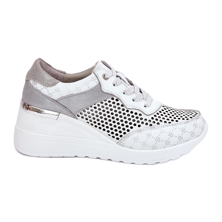 Cuir OpenWork Sports Shoes Sneakers on Wedge S.Barski LR51-641 blanc blanche