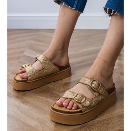 Les tongs dorés avec des pinces sur les rayures