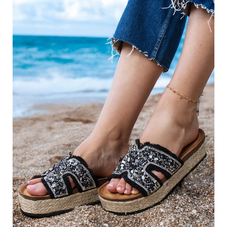 Espadrilles noires avec zircons et cailloux le noir Espadrilles noires avec zircons et cailloux le noir