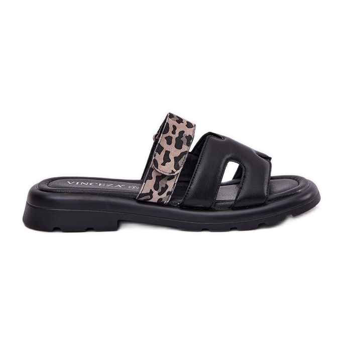 Les tongs en cuir féminin Vinceza 66769 Léopard noir le noir