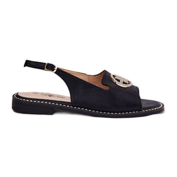 S.Barski Sandales féminines à talons plates avec un ornement S. Barski KV51-002 noir le noir