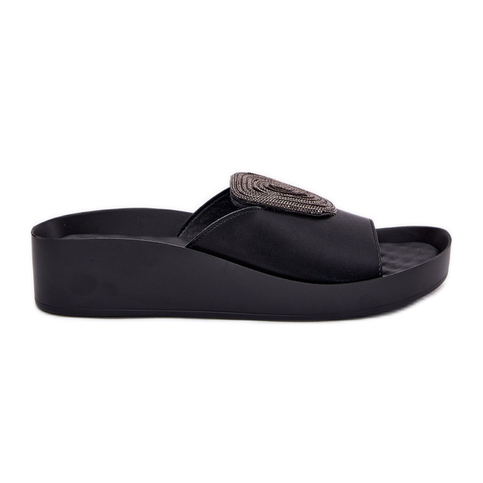 S.Barski Slippers en cuir féminin avec un ornement KV51-028 noir le noir