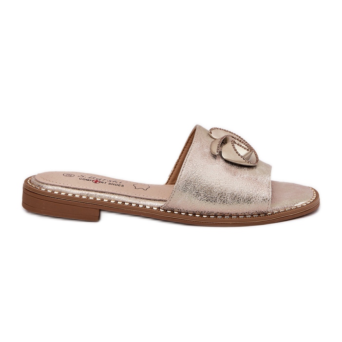 S.Barski Les tongs pour femmes à talons plats avec un détail décoratif KV51-007 Zloty d'or S.Barski Les tongs pour femmes à talons plats avec un détail décoratif KV51-007 Zloty d'or