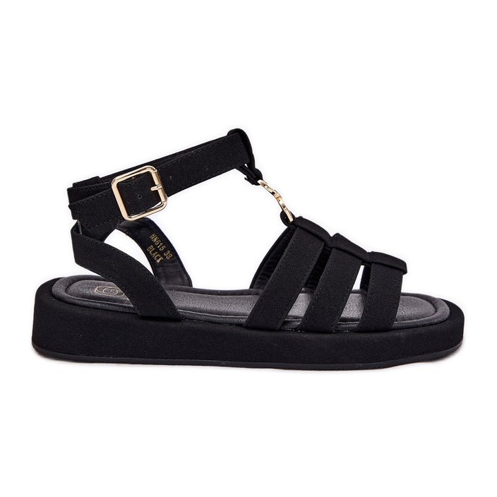 Sandales féminines sur la plate-forme avec un détail doré noir le noir