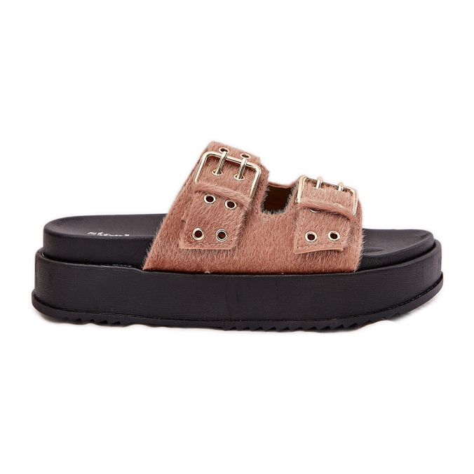 Les tongs pour femmes avec des boucles dorées sur la plate-forme beige rose Les tongs pour femmes avec des boucles dorées sur la plate-forme beige rose