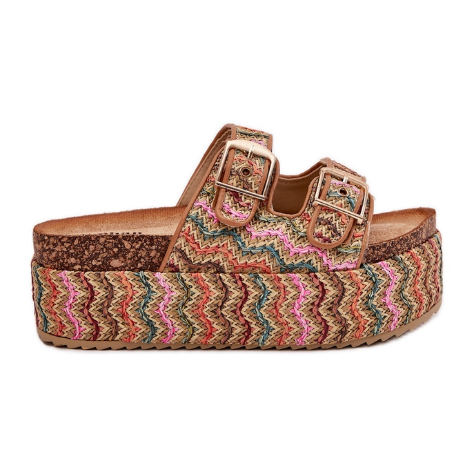 Slippers pour femmes sur une plate-forme massive avec des boucles de tresse et multicolore beige