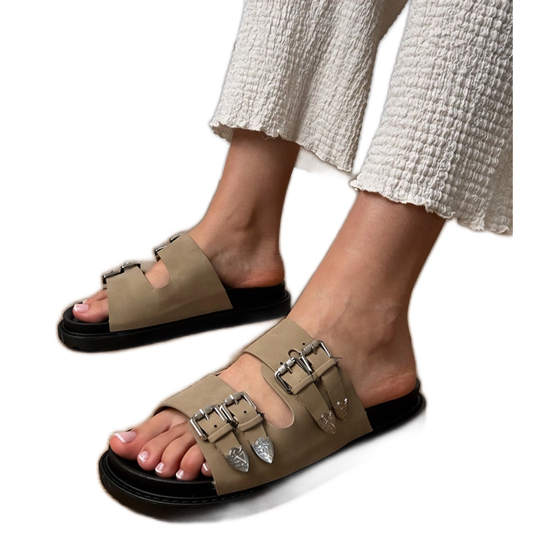 Slippers pour femmes vertes avec boucles décoratives beige
