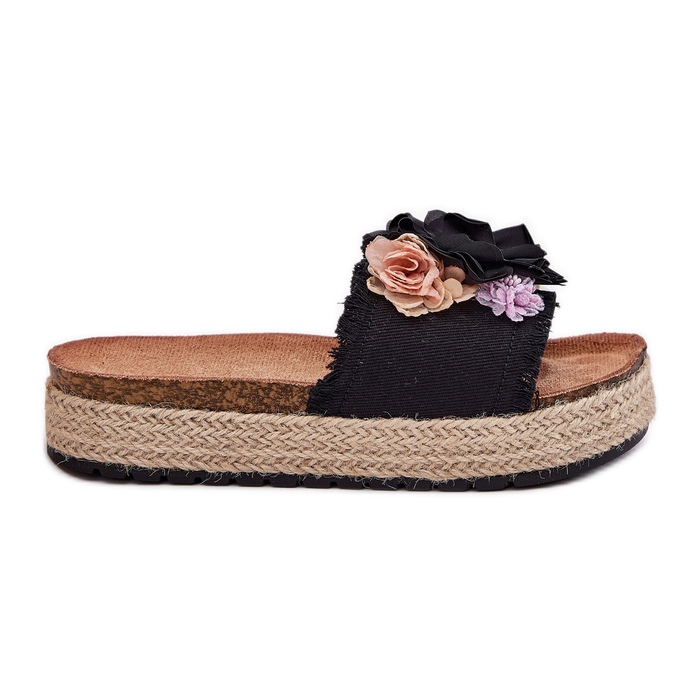 Les tongs pour femmes avec plate-forme de fleurs avec une tresse noire le noir