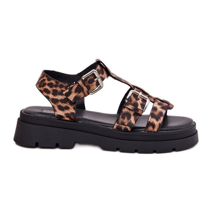 Sandales en cuir écologique pour femmes avec pinces à boucle léopard beige Sandales en cuir écologique pour femmes avec pinces à boucle léopard beige