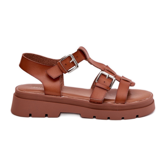 Sandales en cuir écologique pour femmes avec boucles de chameau brun