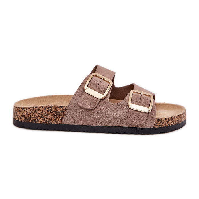 Les tongs des femmes avec des pinces dorées en daim eco beige