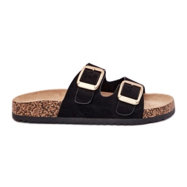 Les tongs des femmes avec des boucles d'or eco en daim noir