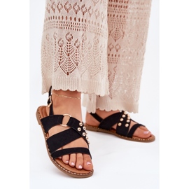 Sandales féminines à thèmes plates avec des goujons dorés noirs