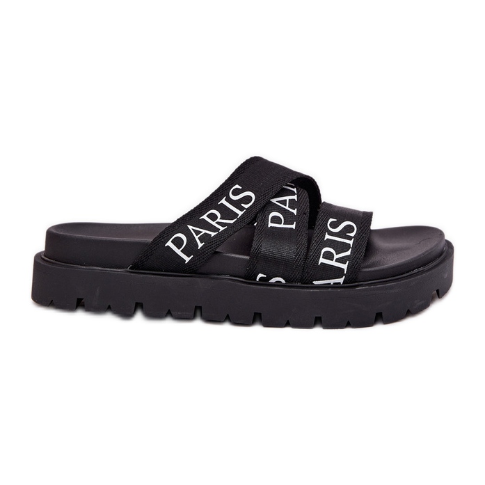 Les tongs pour femmes avec des rayures de matériaux parisiennes sur la plate-forme noire le noir