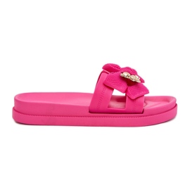 Les tongs pour femmes avec un arc et une broche dorée fuchsia rose Les tongs pour femmes avec un arc et une broche dorée fuchsia rose