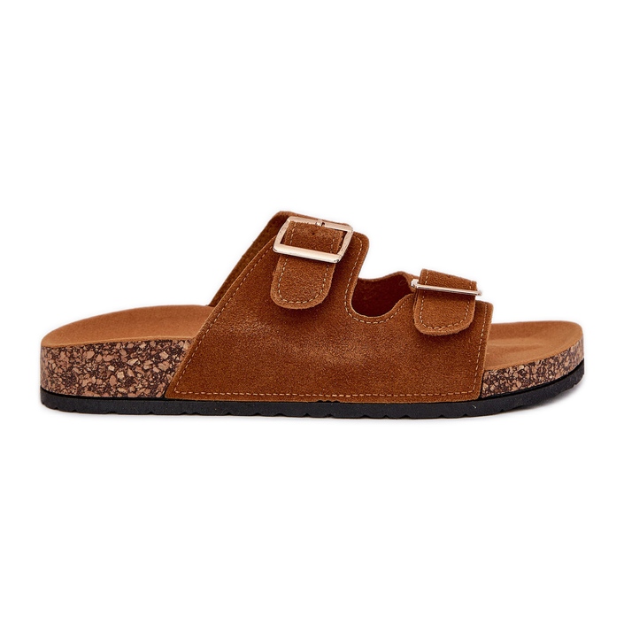 Boto Les tongs des femmes avec des pinces dorées et des coutures de chameau Luner brun Boto Les tongs des femmes avec des pinces dorées et des coutures de chameau Luner brun