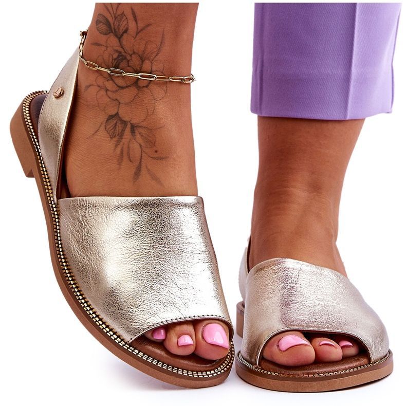Zazoo Slip en cuir - Sandales métalliques en or pour femmes d'or