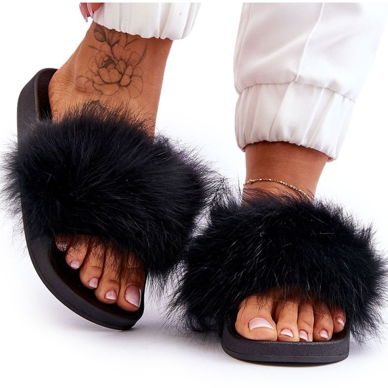 Flip de caoutchouc pour femmes -flops avec fourrure noire le noir