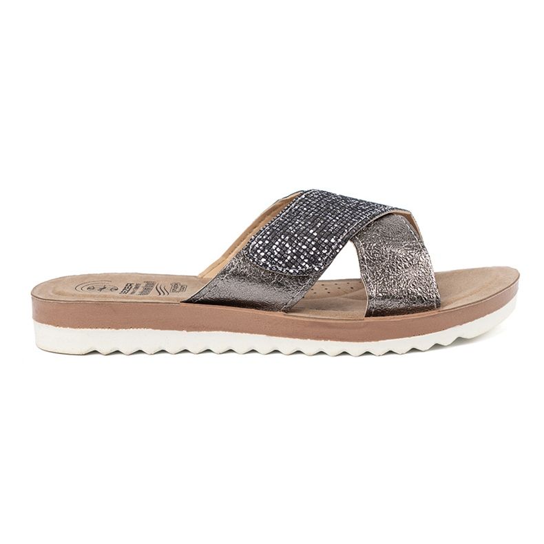 Shelvt Les tongs métalliques des femmes avec une semelle blanche argent