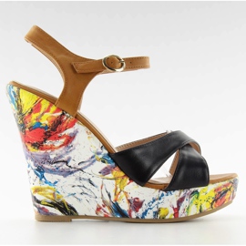 Sandales sur un coin peint LM-521 noir brun