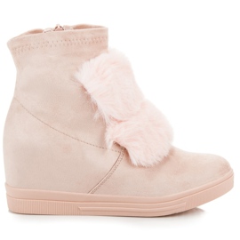Baskets compensées avec fourrure rose